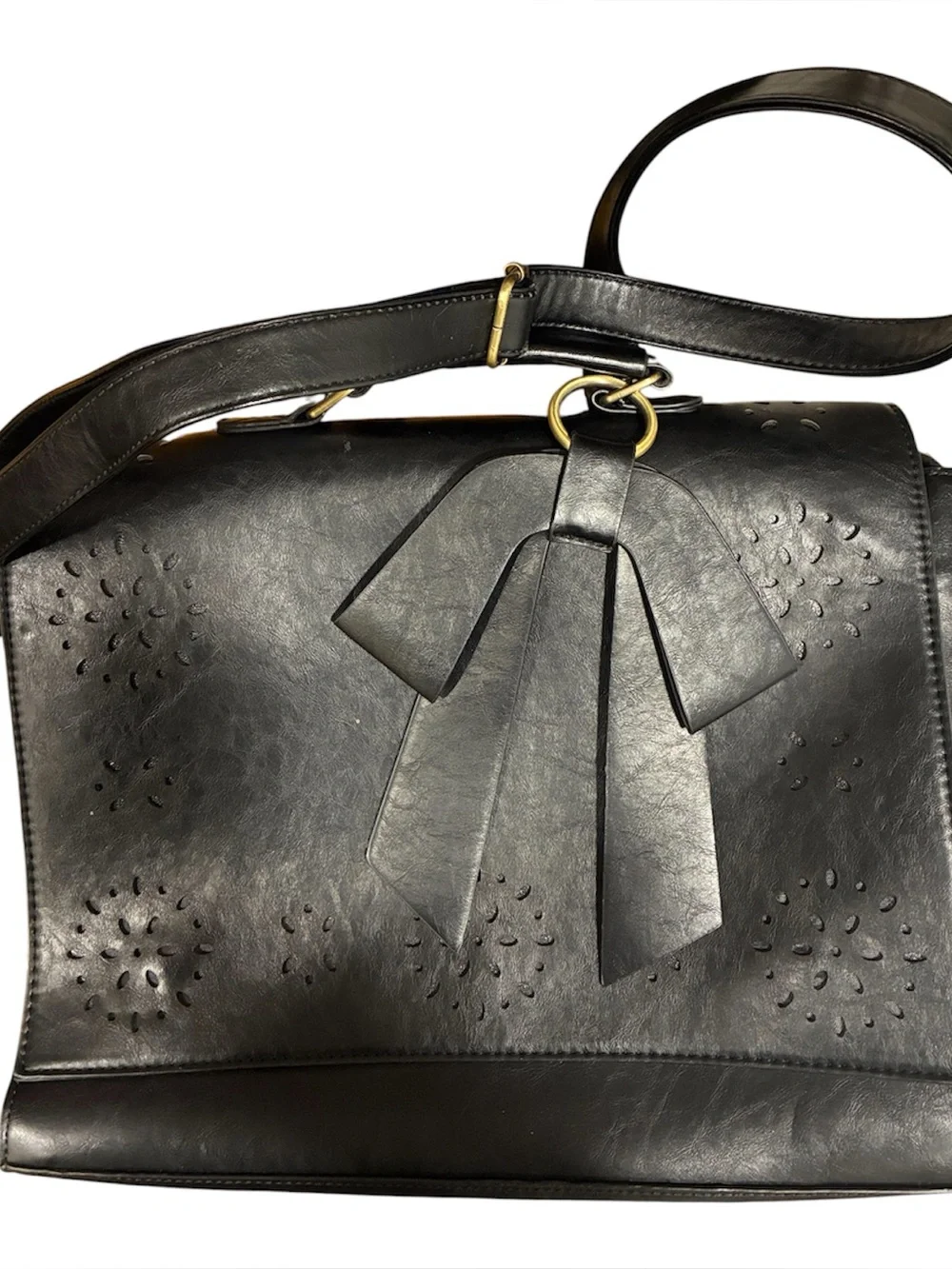 Ecosusi Black Lattice Leather Shoulder Bag With Bow Accent NWOT Padded Handbag